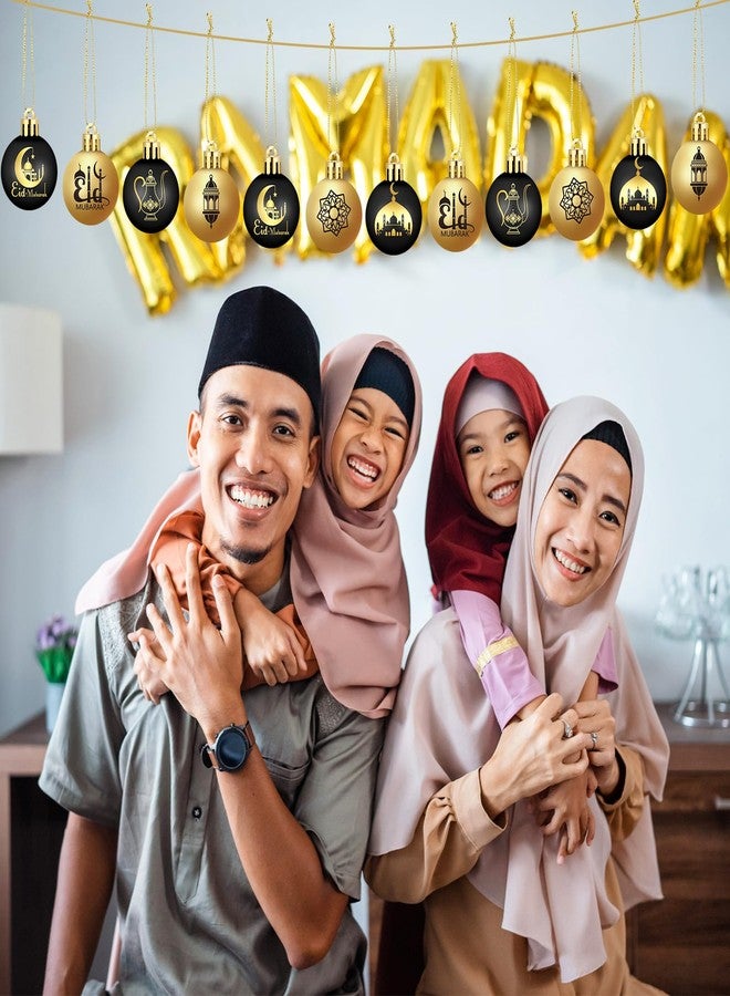 Bememo 24 Pcs Ramadan Ornaments for Tree Eid Al Adha Decoration 1.57 Inches Plastic Ramadan Hanging Ornaments Islamic Moon Star Bulbs Eid Decor for Holiday Tree Party Decorations(Black and Gold) - Image 2